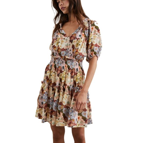 Rails Fiorella Floral Tie Neck Dress Size L Plissé Midi Short Sleeve Lined - Picture 1 of 12